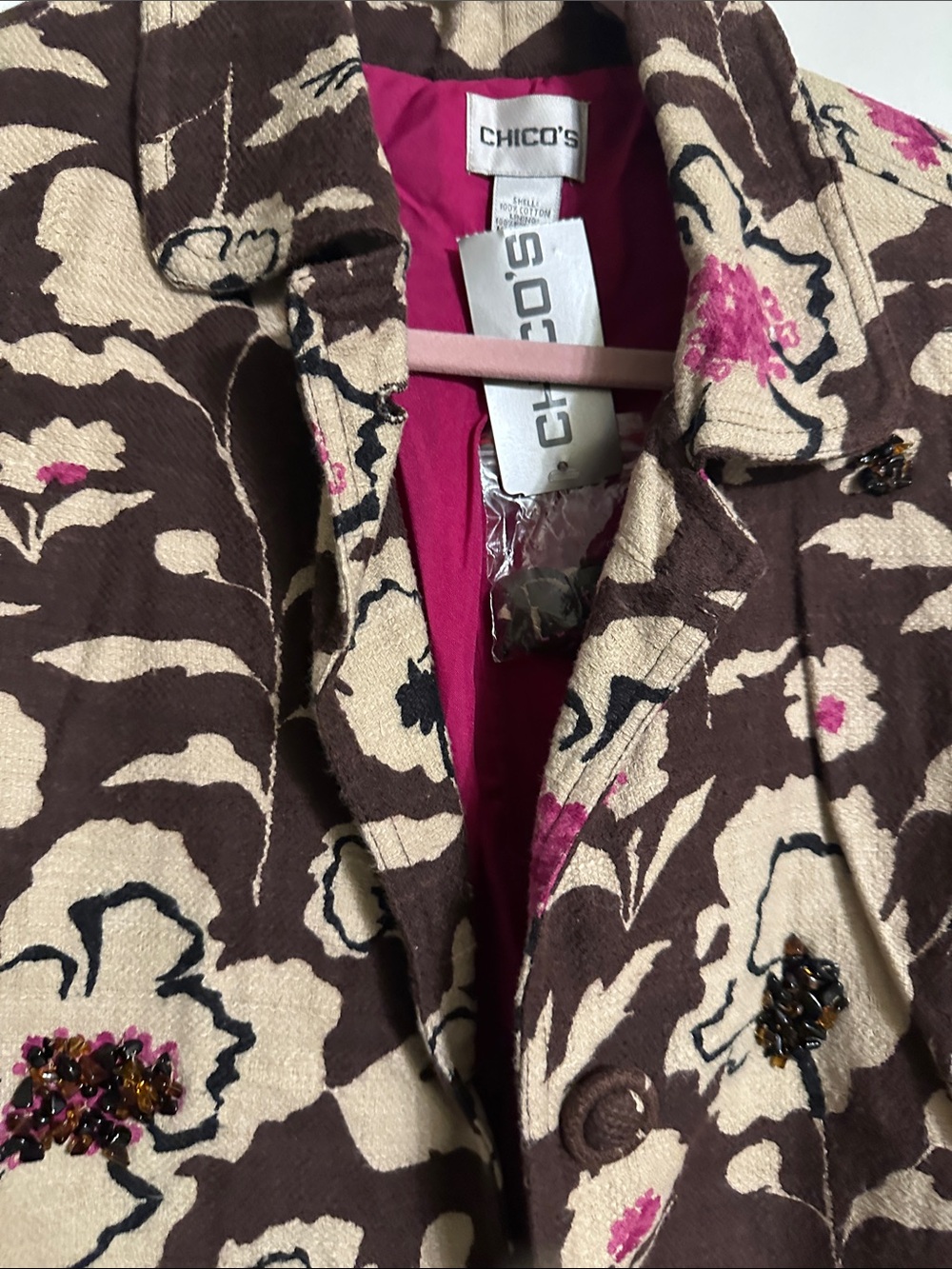 Chico's Brown and Cream Floral Blazer with Pink Accents